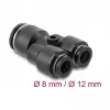 Pneumatic Y-connector DELOCK 2×8 mm to 1×12 mm with mounting hole, metal/plastic, female thread, 50.5 mm