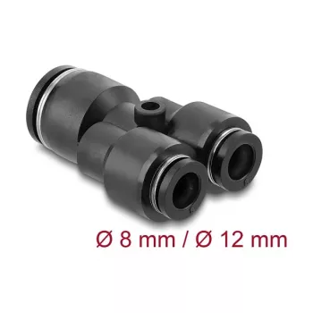 Pneumatic Y-connector DELOCK 2×8 mm to 1×12 mm with mounting hole, metal/plastic, female thread, 50.5 mm