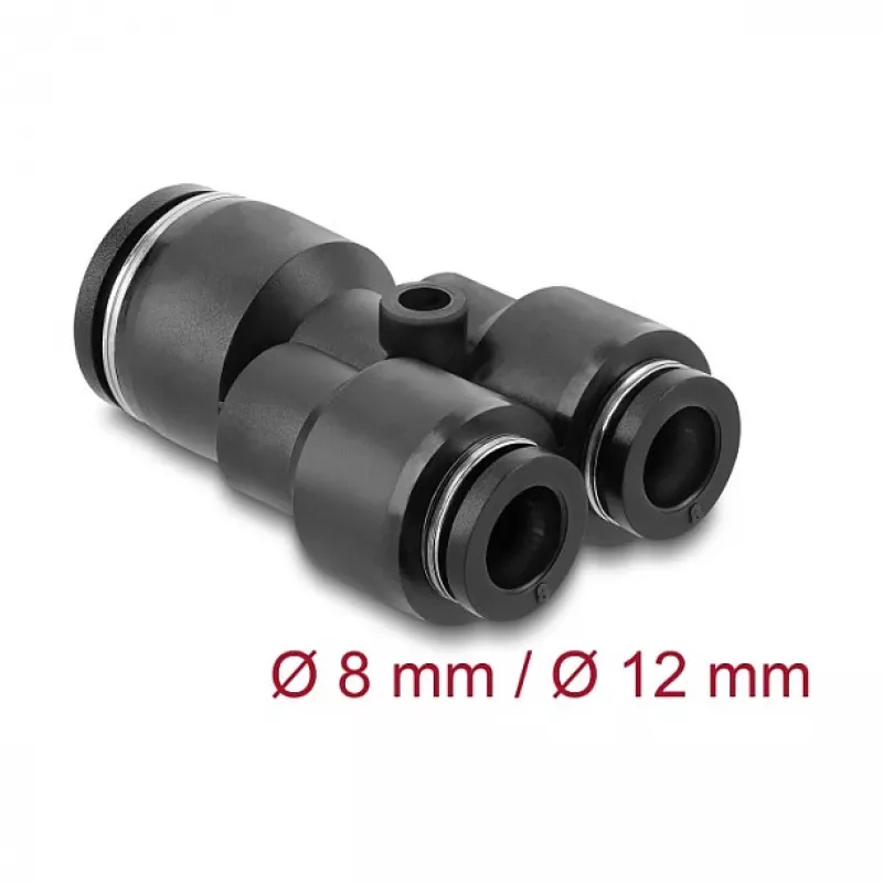 Pneumatic Y-connector DELOCK 2×8 mm to 1×12 mm with mounting hole, metal/plastic, female thread, 50.5 mm