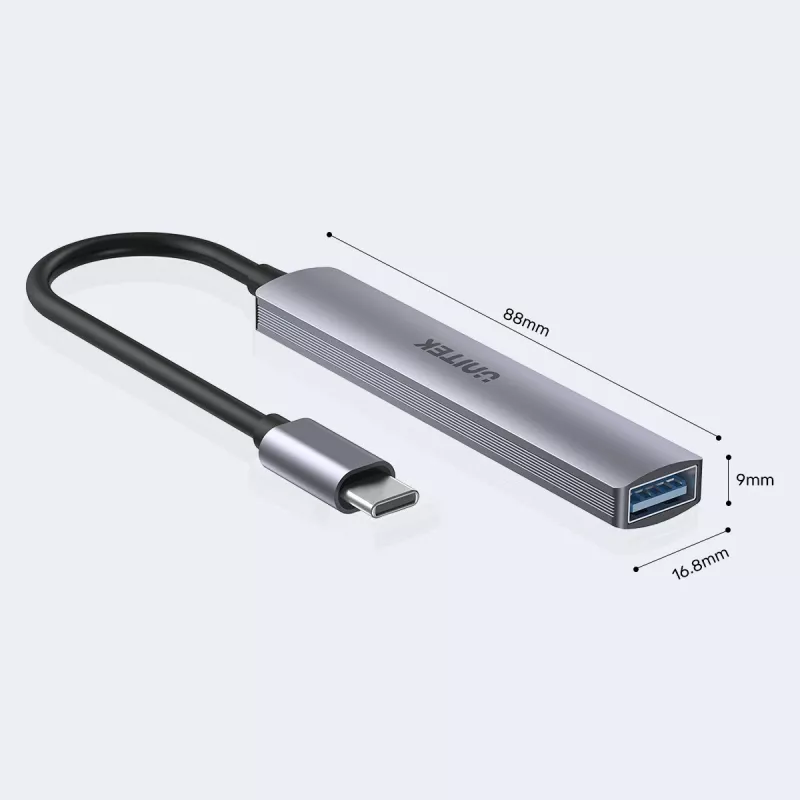 USB-C hub Unitek H1208B — 1x USB-A 5 Gbps, 3x USB-A 2.0, USB-C host, aluminium housing, 0.20 m cable