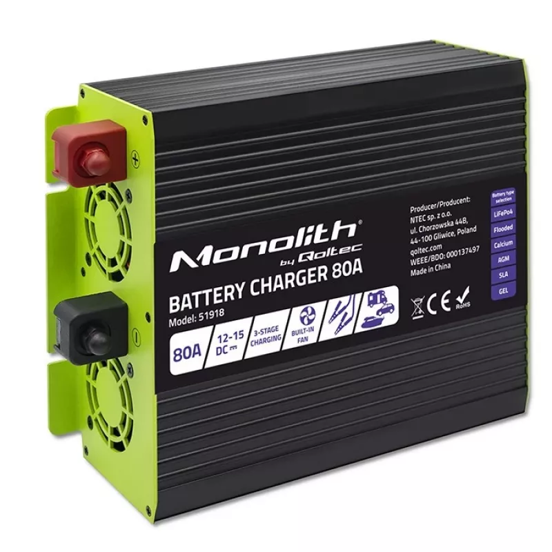 Battery Charger QOLTEC 51918 80A 12V — charger for LiFePO4, AGM, GEL, SLA batteries