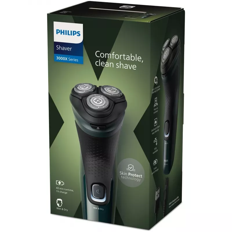 Electric Rotary Shaver Philips 3000X Series X3002/00 – 3-head Wet & Dry Cordless Shaver, NiMH battery, 40 min runtime