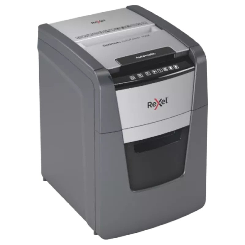 Paper shredder REXEL Optimum AutoFeed+ 100X — 100-sheet auto feed, 4 x 28 mm cross-cut, 34 L bin, aluminium