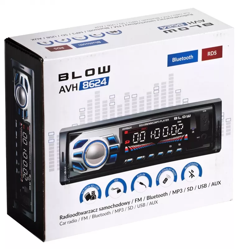 Car radio BLOW AVH-8624 — FM RDS, 45W RMS, Bluetooth, USB, MicroSD, AUX, LCD display, remote, black