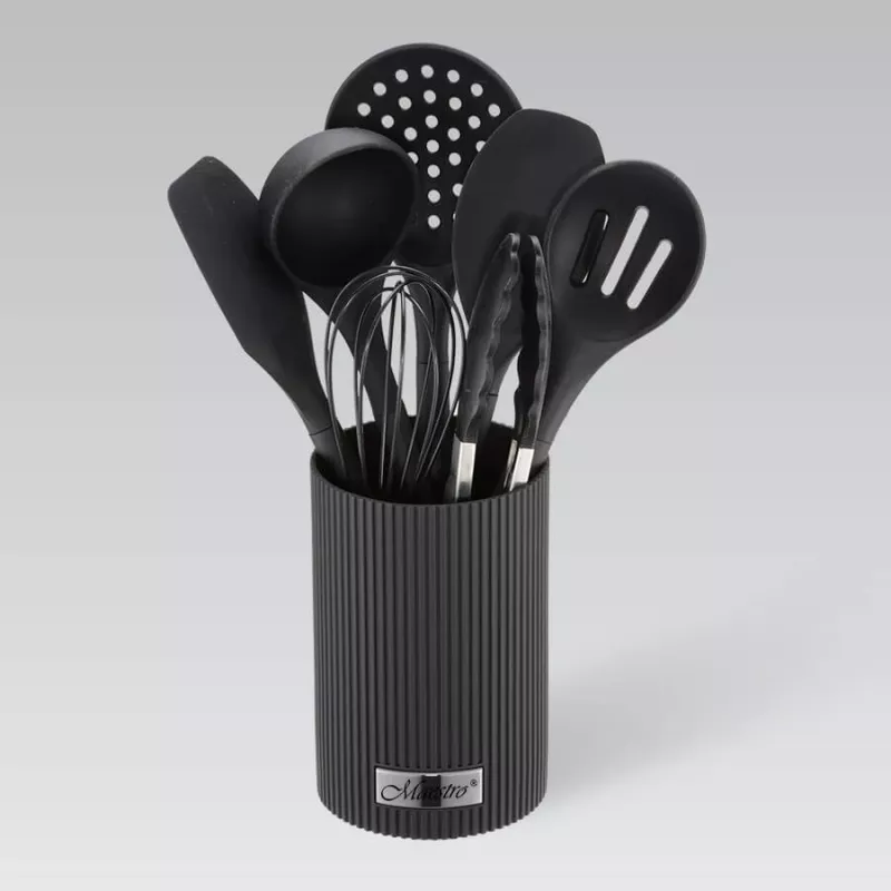 Kitchen utensil set Maestro MR-1542 — 8-piece silicone countertop tools, black, hangable with storage rack