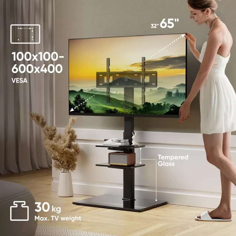 TV floor stand ONKRON TS5550-B for 32–65 inch (81.3–165.1 cm), max load 30 kg, VESA 100x100–600x400, height 880–1080 mm, swivel ±25°