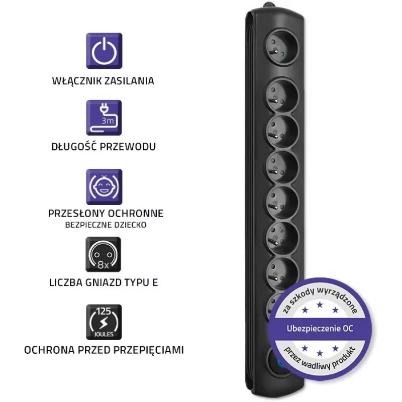 surge protector Qoltec 8 power socket 3.0m 50114