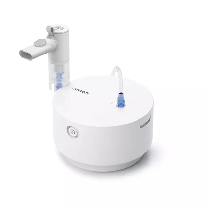 Tabletop nebulizer Omron C28P with 10 ml/min capacity, 2.65 µm particle size, white, dimensions 265×195×143 mm