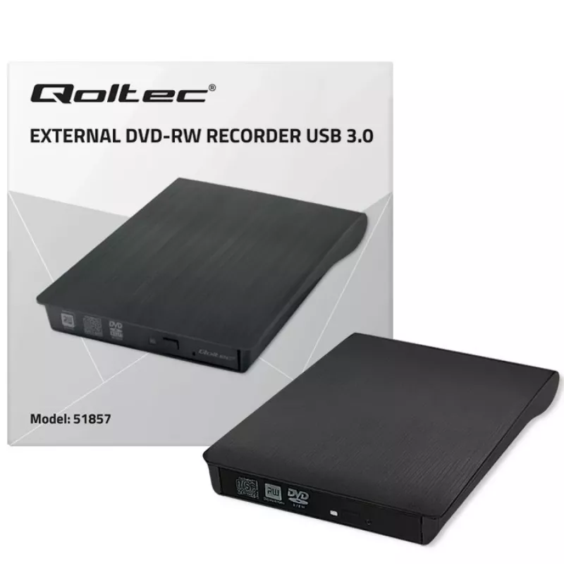 External DVD‑RW drive QOLTEC 51857 — USB 3.0, SATA interface, DVD±R 8x, DVD±RW 4x, DVD‑RAM 5x, CD 24x, black