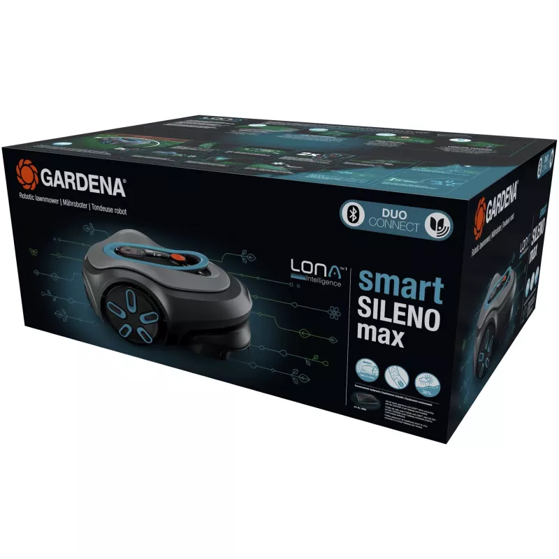 Robotic lawn mower GARDENA smart SILENO max — 1500 m², 16 cm cutting width, battery, LONA navigation, grey