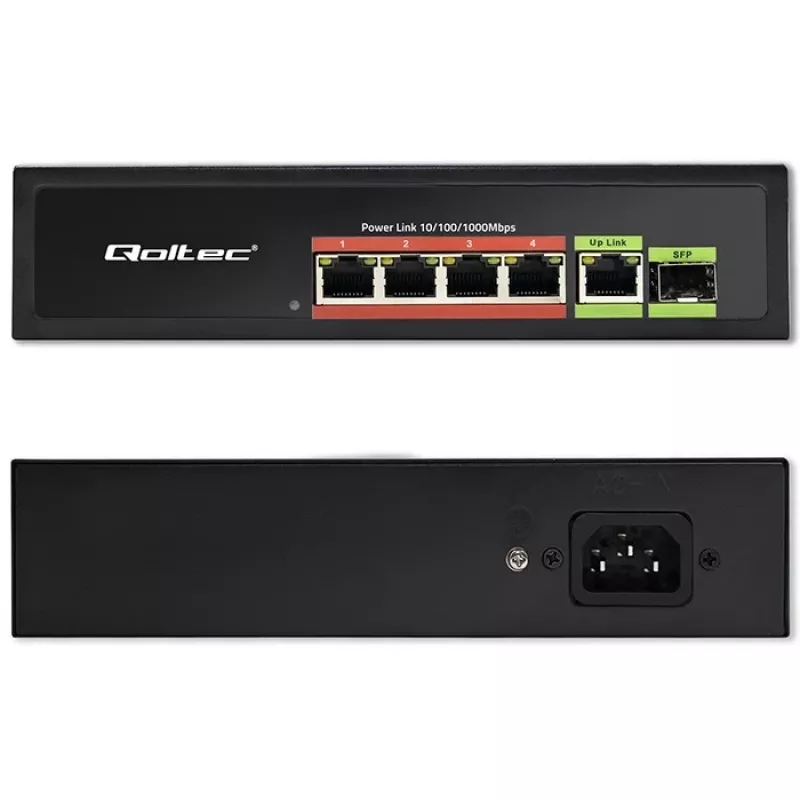 Ethernet PoE Switch QOLTEC 52296 — 4x RJ45 PoE ports, 1x RJ45 uplink