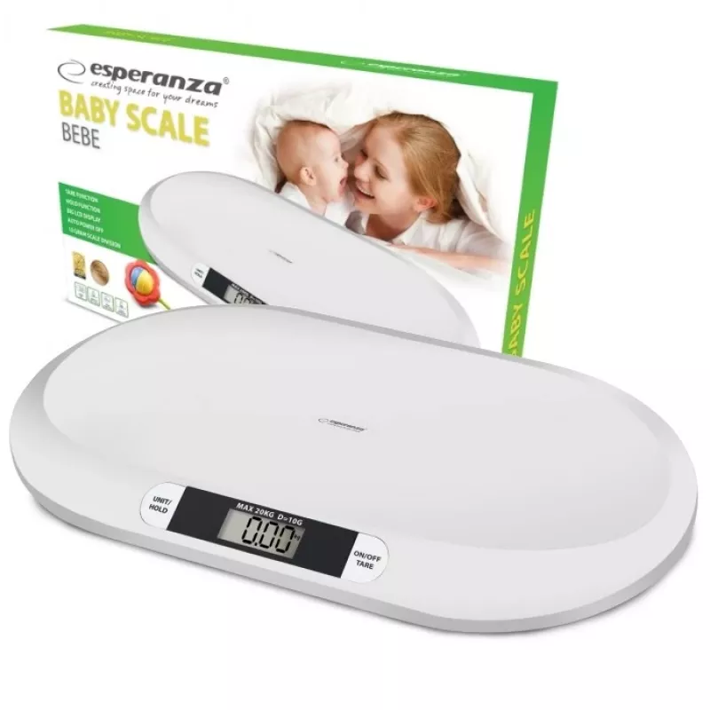 Electronic infant scale ESPERANZA EBS019 — capacity 0.03–20 kg, 0.01 kg division, large 60×25 mm LCD, white