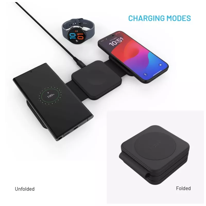 Wireless foldable charger FIXED FIXFLE-SA-BK 3‑in‑1 for Samsung — compact portable charger for phone, earbuds, wearables