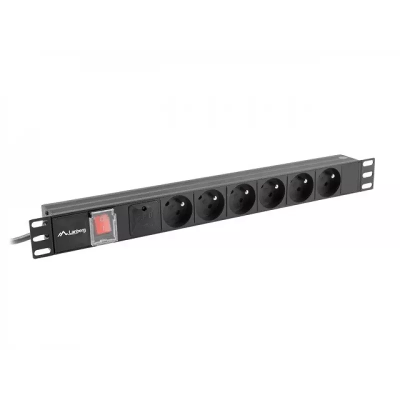 Power distribution unit LANBERG PDU-06E-0200-BK — 6x Type E outlets, 16 A, 2 m cable, 1U rack, 220–250 V