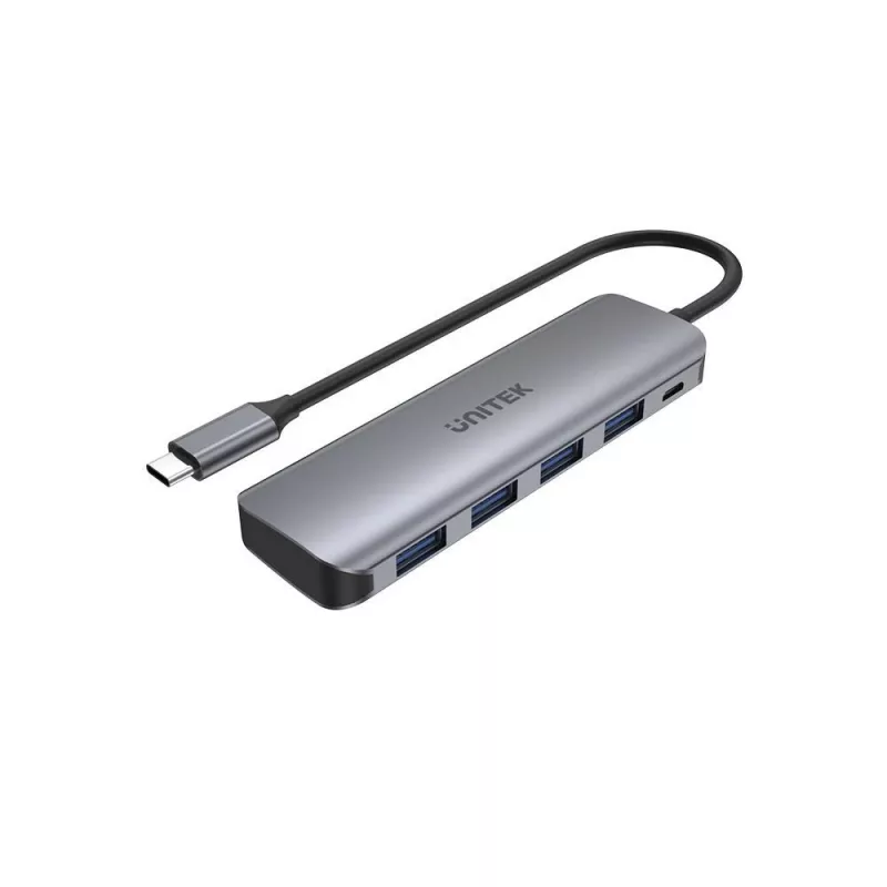 USB hub Unitek P5+ — 5 ports (4 × USB 3.2 Gen 2 Type-A), USB 3.2 Gen 1 host, 5 Gbit/s, 10 W PD, aluminium, grey