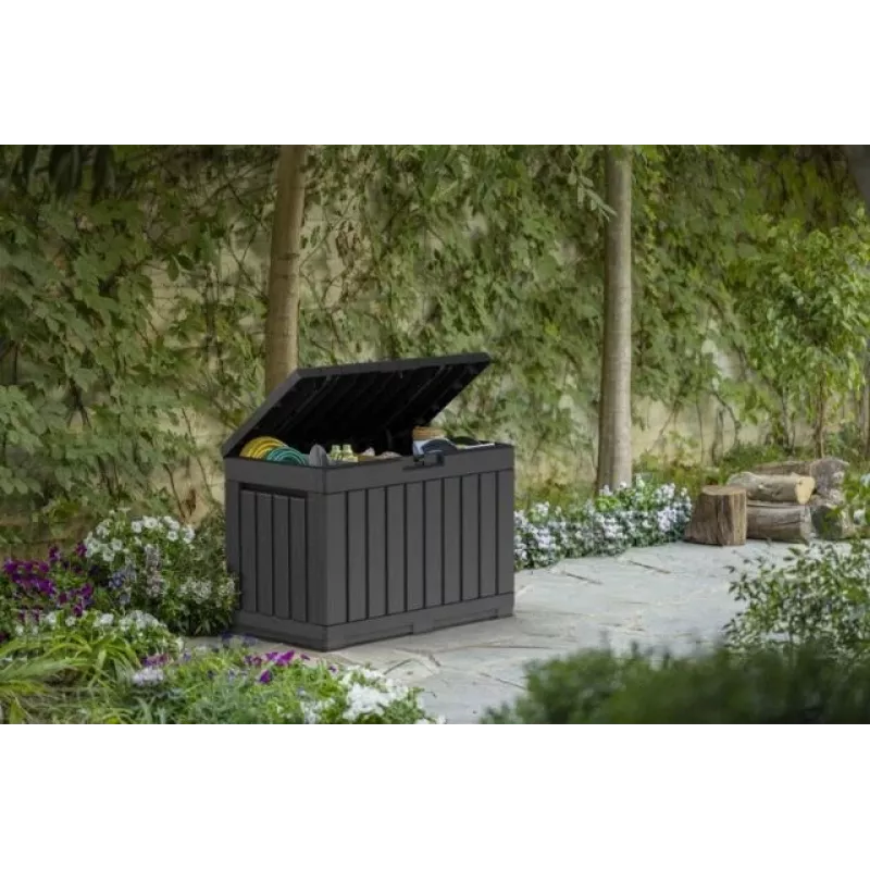 Outdoor storage box Keter Kentwood 190L — 190 litres, graphite, flap door, 823×457×577 mm