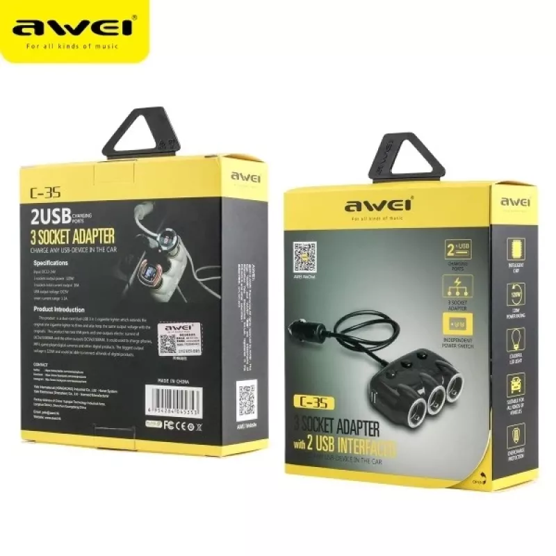 Car Cigarette Lighter Adapter Awei C-35 for 12V and 24V Power Outlets