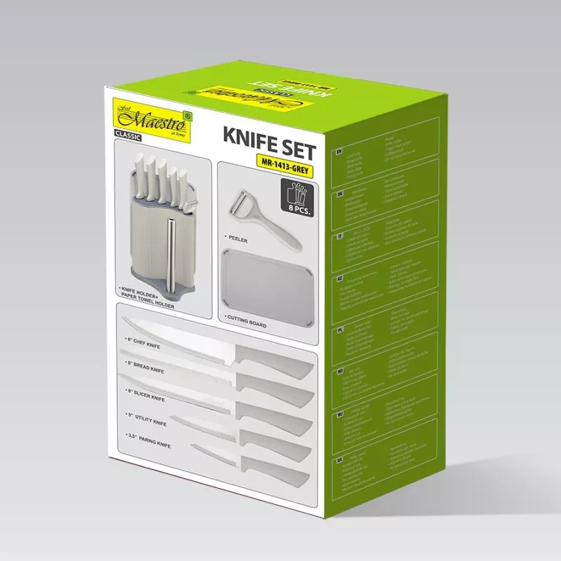 Knife/cutlery block set Maestro MR-1413-GREY — 8-piece stainless steel blades, grey handles, includes chef, bread, slicing, paring, universal knives, peeler, cutting board, paper towel holder