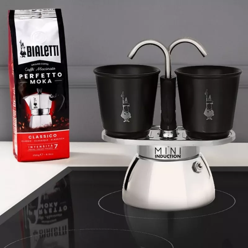 Bialetti Mini Express Induction Moka Pot Set 7310, 2 Cups with 2 Glasses