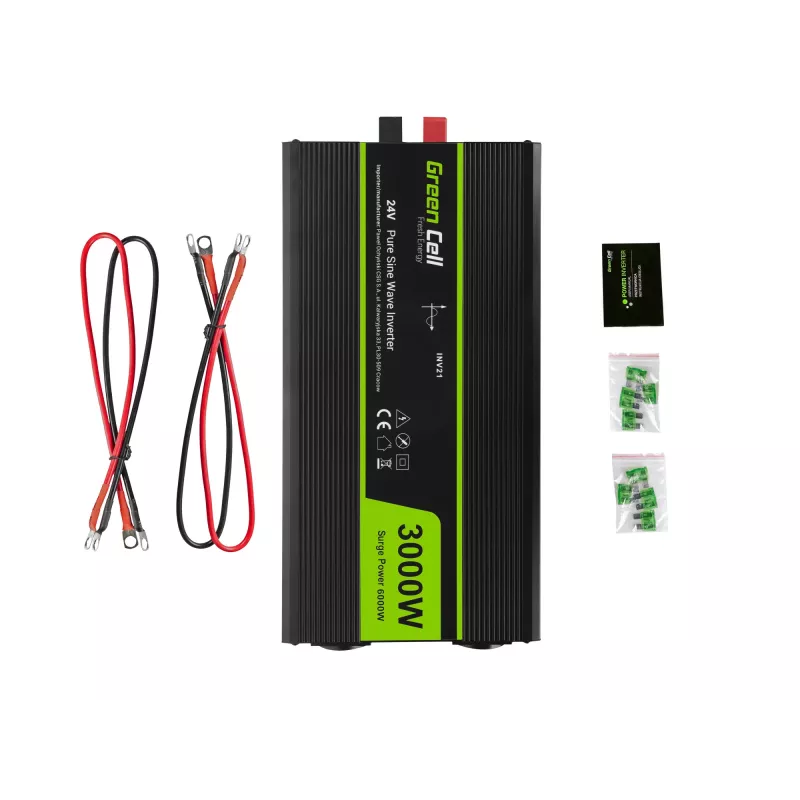 Car inverter Green Cell INV21 6000 W, 24V DC-to-AC, 230V output, 2x USB PD, active cooling, detachable DC connectors, black