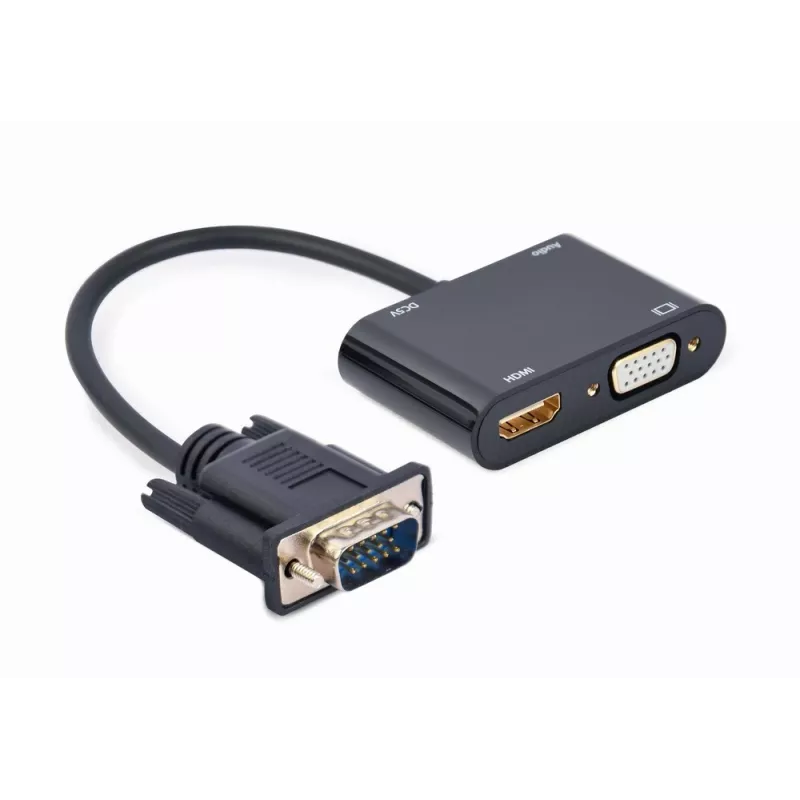 Video cable adapter GEMBIRD A-VGA-HDMI-02 0.15 m — HDMI + VGA (D-Sub) female to VGA (D-Sub) male, black