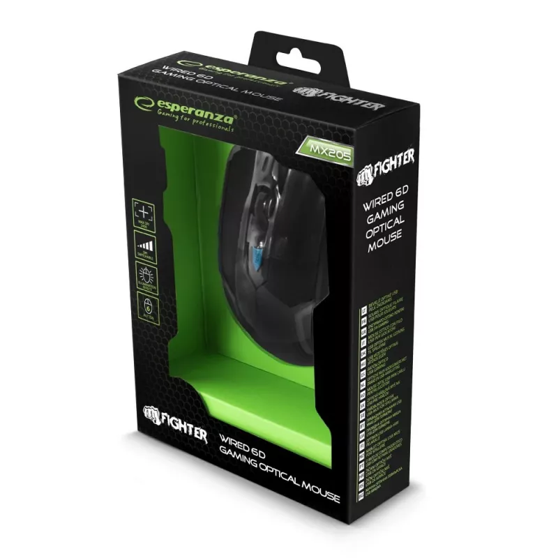 Esperanza MX205 FIGHTER - Mouse - USB - Blue - Hiiri - Optinen - 6 Painiketta - Black
