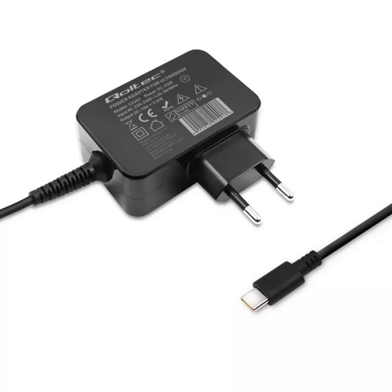 Mobile device charger QOLTEC 51024 — Universal AC indoor charger, 65W PD, 20V/3.25A, 1.2m cable, Black