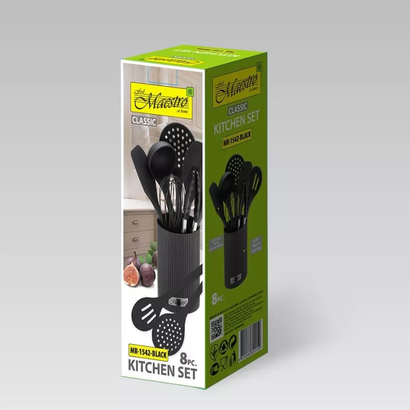 Kitchen utensil set Maestro MR-1542 — 8-piece silicone countertop tools, black, hangable with storage rack