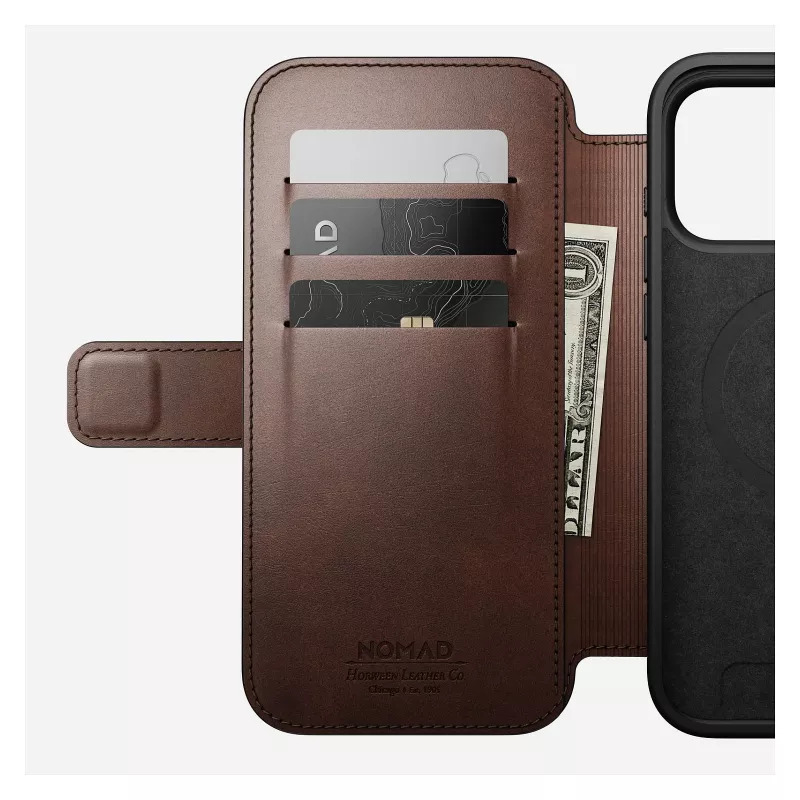 Nomad Modern Leather Folio mobile phone case Cover for iPhone 17 Pro Max — Brown, leather, 6.3 inch screen, 4 card pockets