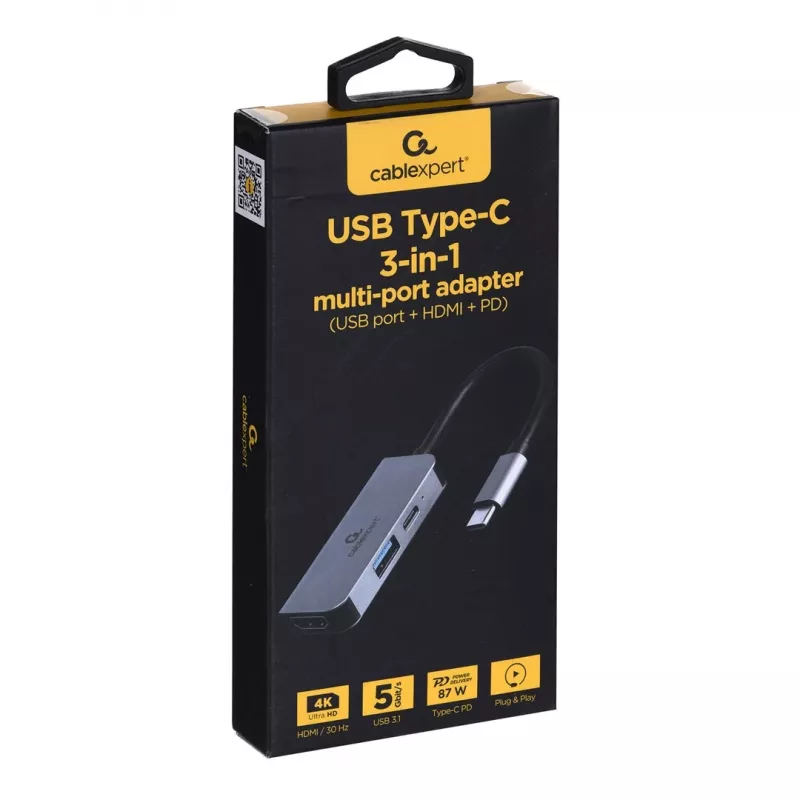Wired laptop dock Gembird A-CM-COMBO3-02 — USB 3.2 Gen 1 Type-C, HDMI, USB-A, PD up to 87W, 3840×2160