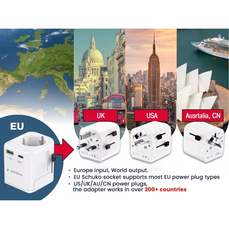 Travel power adapter GEMBIRD TPA-EU1A1C20-01-W 20W, USB-A 18W + USB-C 20W, Schuko socket, input 100–250V