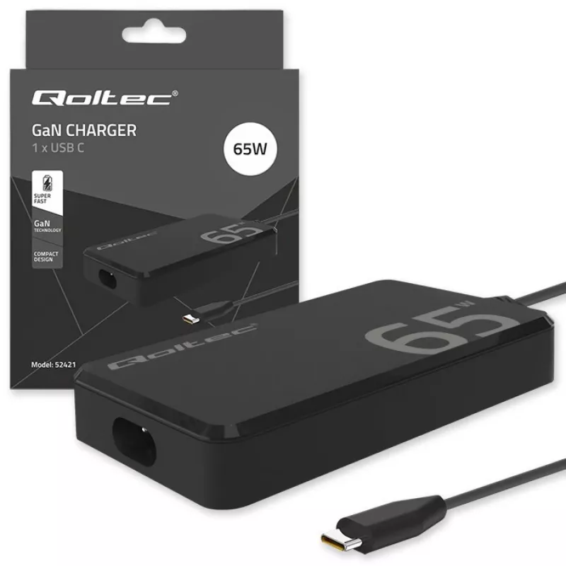 QOLTEC Charger 65W GaN Super Fast SLIM PD 5-20V 3.25A USB-C