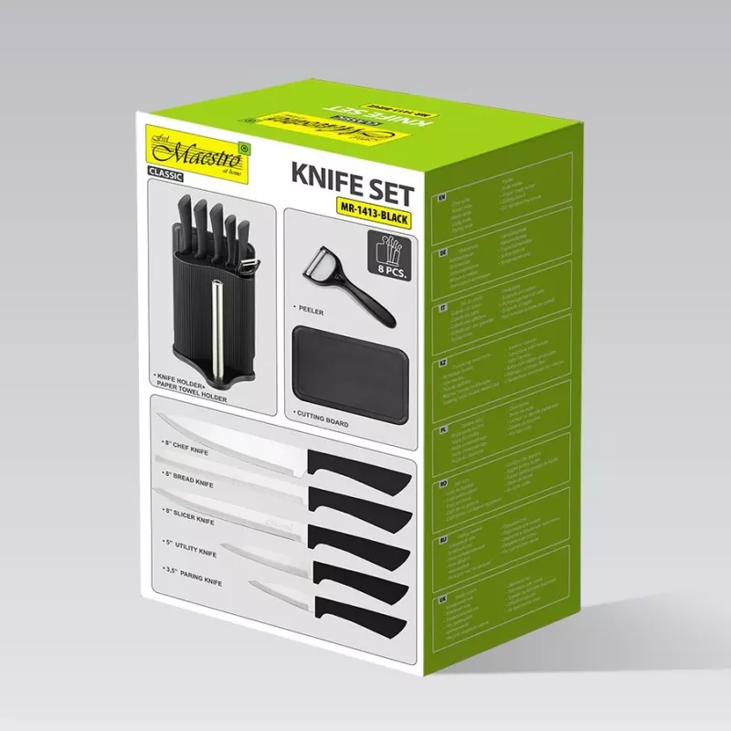 Knife and cutlery block set Maestro MR-1413 — black, 8-piece stainless steel blades with holder, paper towel rack