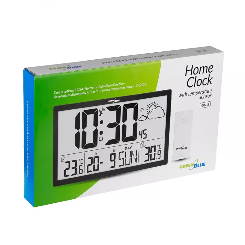 Wall clock GreenBlue GB218 — extra large LCD, weather station, indoor/outdoor temperatures, date display