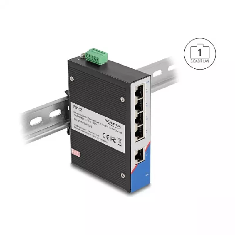 Ethernet Switch DELOCK 80162 — 5‑port Gigabit RJ45 for DIN rail mounting