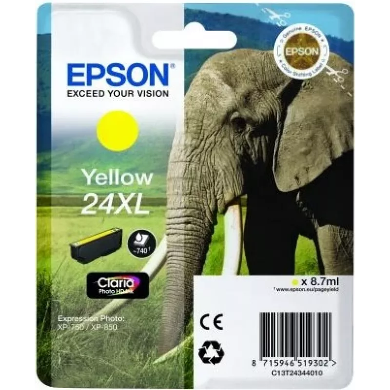 Epson Elephant Singlepack Yellow 24XL Claria Photo HD Ink, Yellow, Pigment-based ink, 1 pc(s)