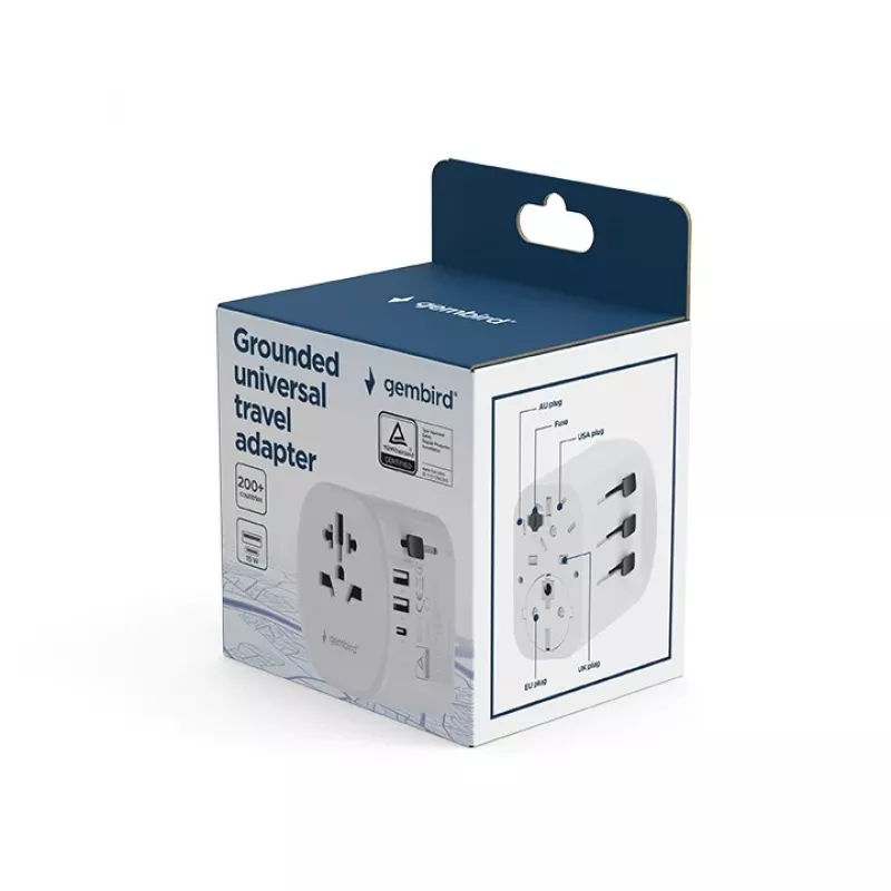 Travel adapter GEMBIRD TPA-EU2A1C15-01-W — 15W, Type E plug, 2× USB-A + 1× USB-C, 100–250V