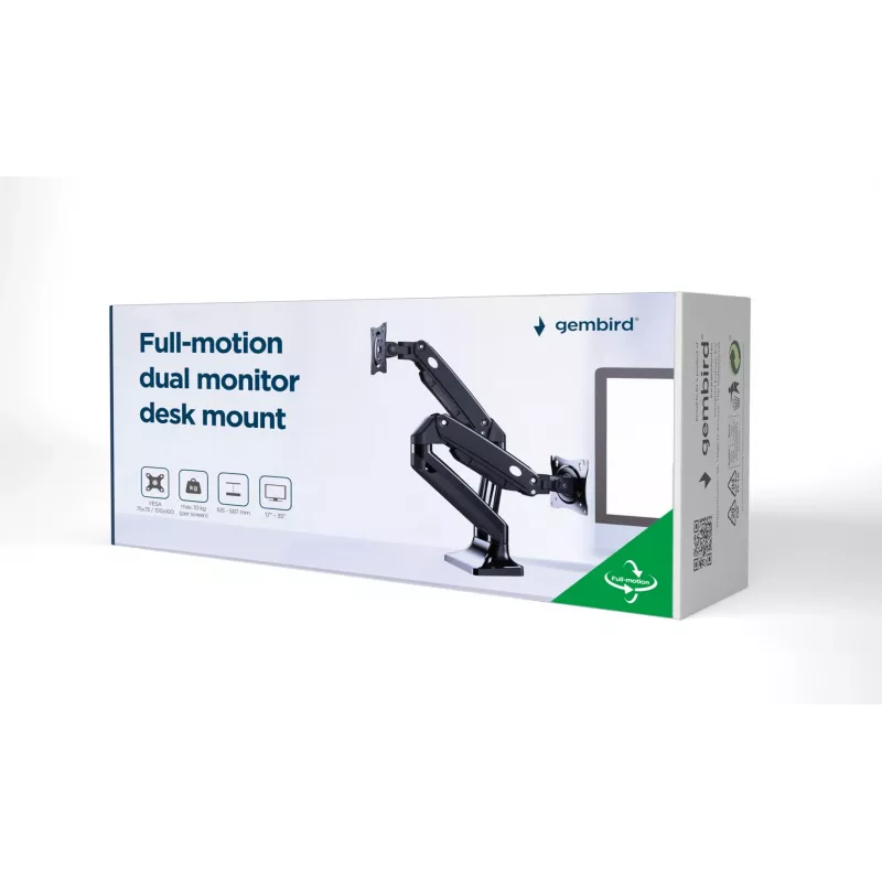 Monitor mount stand GEMBIRD MA-DA2-03 for up to 35 inch screens, clamp, VESA 75x75–100x100, 20 kg, black, dual-display