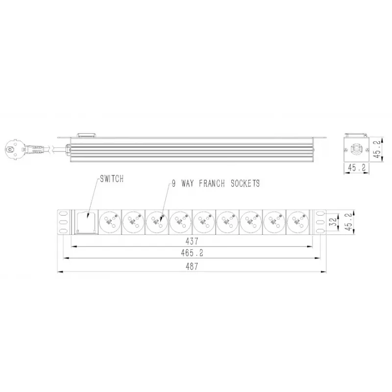 Power distribution unit GEMBIRD EG-PDU-9F2F — 9 French (Type E) sockets, 1U rack, 16A, 2 m cable
