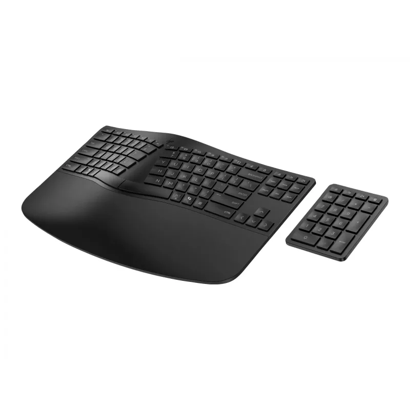 HP 960 Ergonomic Wireless Keyboard, Full-size (100%), Wireless, RF Wireless + Bluetooth, Membrane, Black