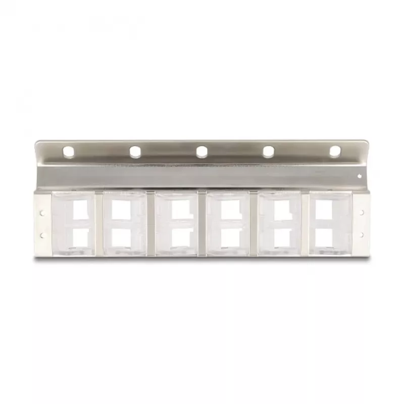 Keystone holder 12-port tiltable for 10 inch and 19 inch rack/wall mounting, DELOCK 67040, metal/plastic, silver, 77×222×27 mm