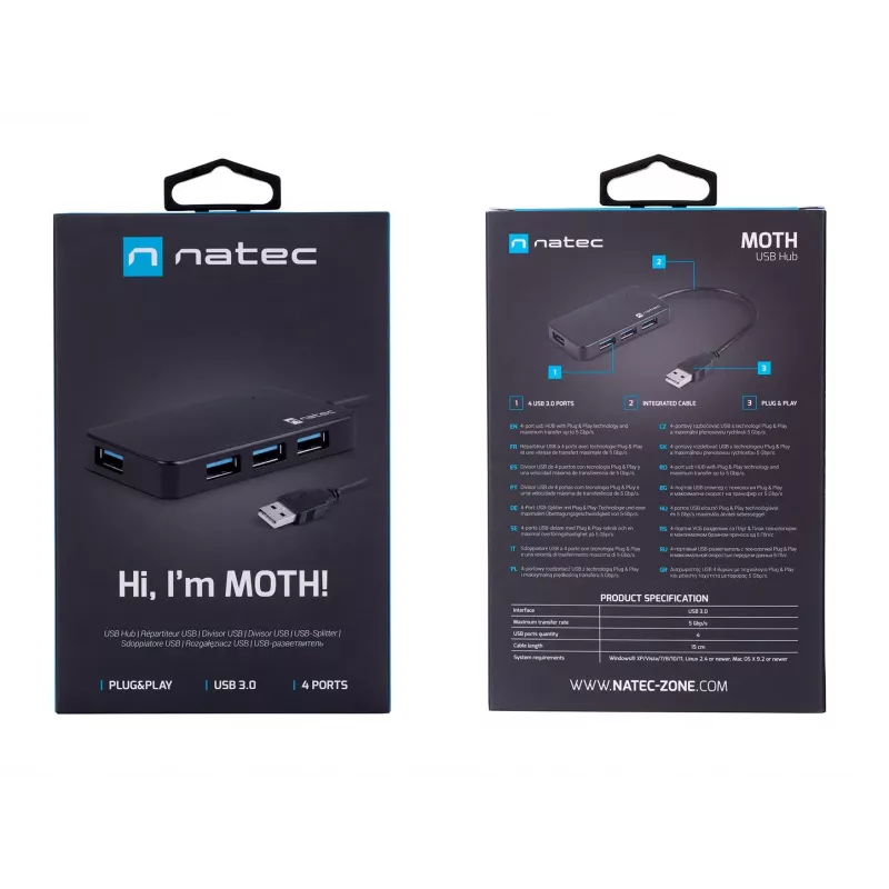 USB hub NATEC Moth 4-port USB 3.2 Gen 1 Type-A (5000 Mbit/s), USB-powered, black, 0.15 m cable