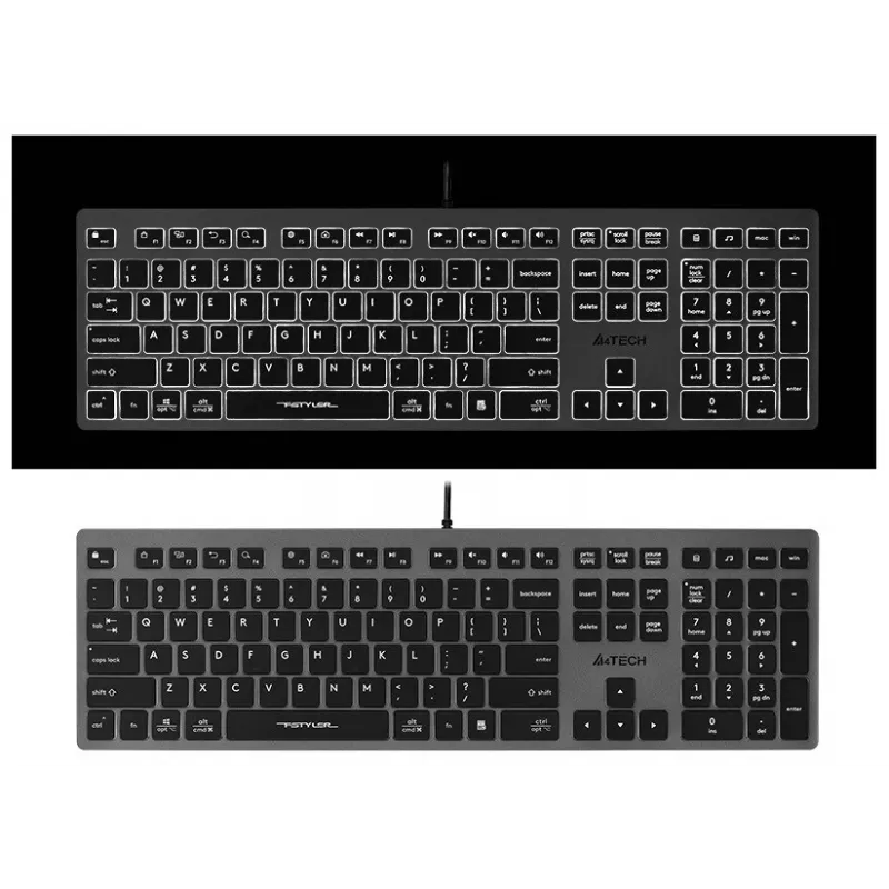 Wired A4Tech keyboard FX60H USB QWERTY — full-size 100%, backlit white, grey, USB hub
