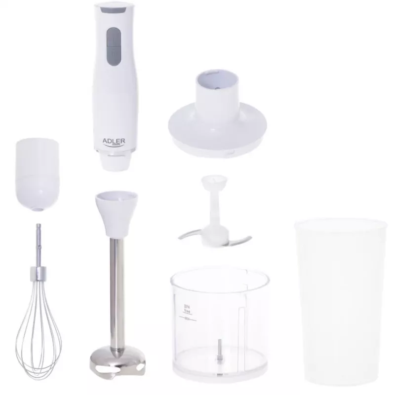 Adler AD 4620 Hand Blender Set, 800 W, 2 Speeds, 450 ml Chopper, 750 ml Beaker, Whisk, White