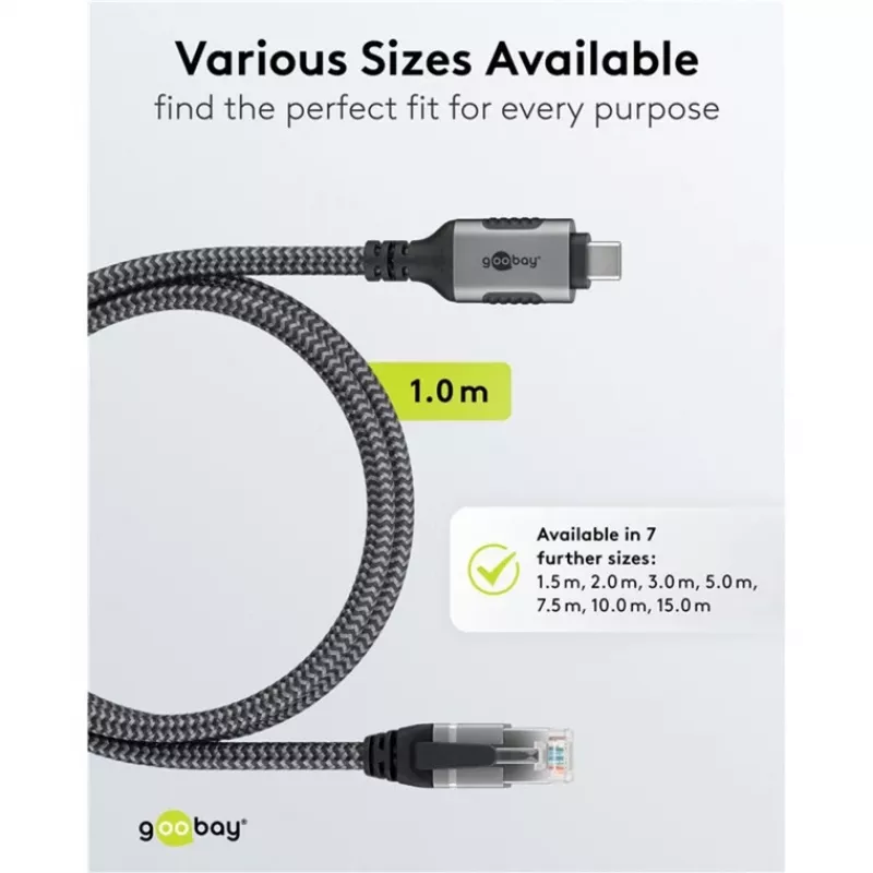 Wentronic goobay - Network Cable - 24 pin USB-C (M) to RJ-45 (M) - 1,0m - 6 mm - FTP - CAT 6 - USB 3,1 - braided cable - Black, Silver (70696)
