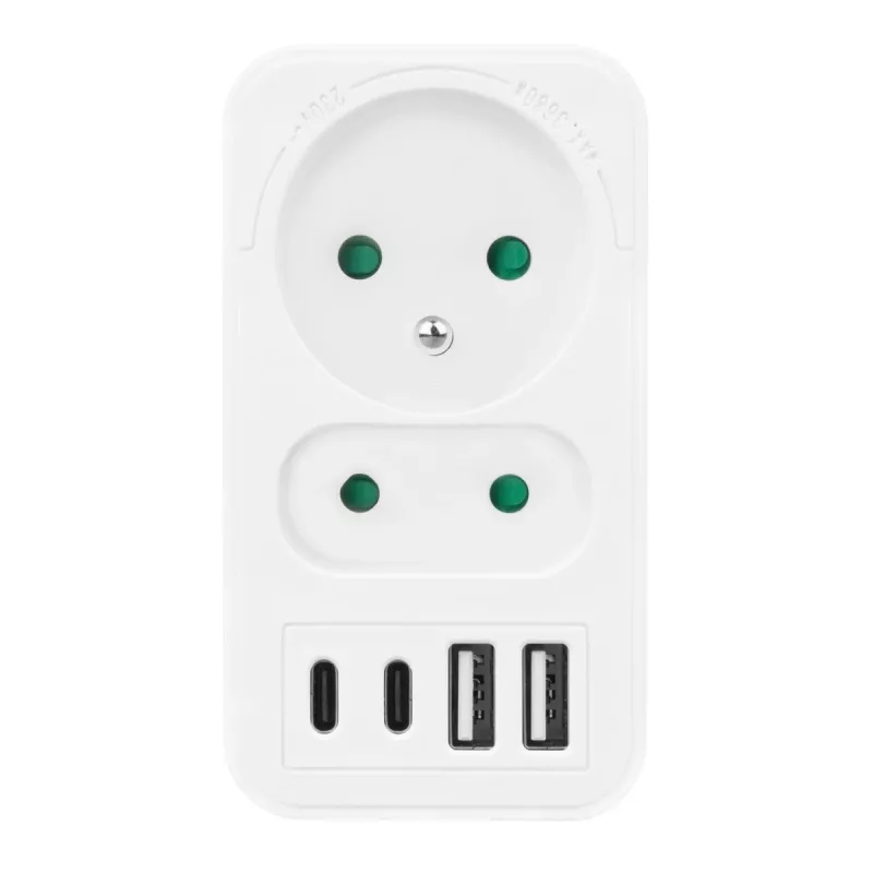 Power splitter MACLEAN MCE249 F/W — 2x mains sockets (16A + 6A) and 4x USB (2x A, 2x C PD 20W)