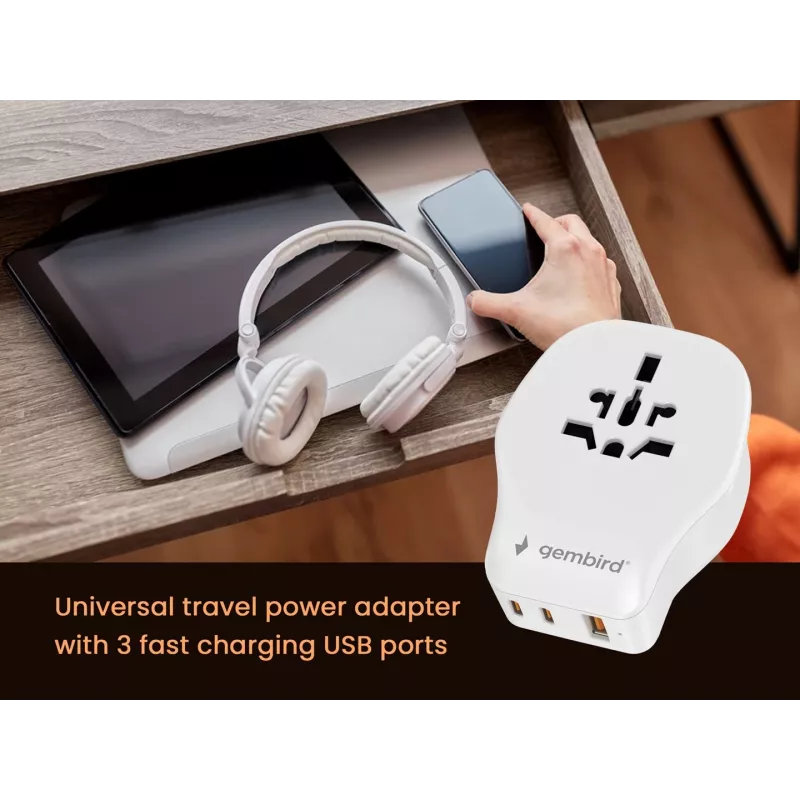 Wall travel adapter GEMBIRD TPA-1A2C20-02-W 20W — 1×USB-A + 2×USB-C, Type G plug, 100–250V, white