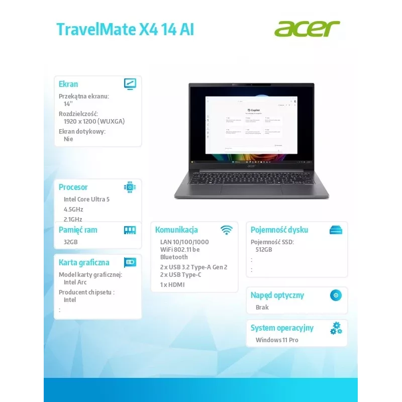 Laptop Acer TravelMate P4 TMX414-51-TCO 14 inch WUXGA IPS, Intel iU5, 32GB RAM, 512GB SSD, Wi‑Fi 7, Windows 11 Pro, 3-year Onsite NBD
