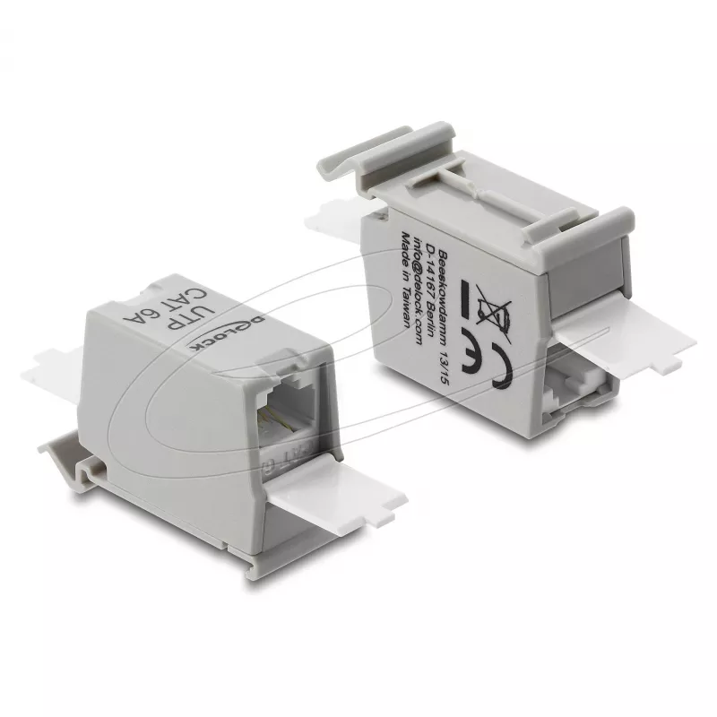 Network RJ45 Coupler DELOCK Cat.6A dual jack-to-jack for DIN-rail mounting, grey