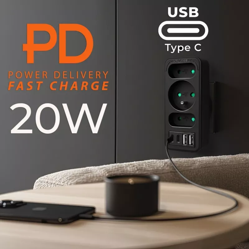 Power splitter MACLEAN MCE248 F/B — 3 AC sockets (1x16A, 2x6A) and 4 USB ports (2xUSB‑A, 2xUSB‑C PD 20W), EU plug, black